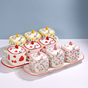 Suministros de cocina para el hogar, juego de tarros de condimentos pintados a mano, tarro de cerámica de tres piezas para pimienta, Chile y sal - Product Image 3