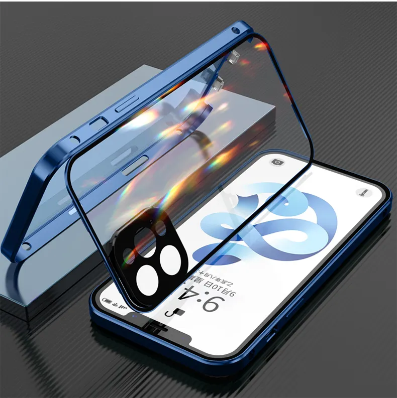 Magnetic Metal Double Sided Tempered Glass Privacy Phone Cases For iPhone 12 13 Pro Max 360 Protective Anti Peep Phone Case