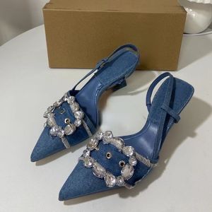 Nuove <span class=keywords><strong>Scarpe</strong></span> da Donna Europee <span class=keywords><strong>con</strong></span> <span class=keywords><strong>Tacco</strong></span> Alto a Stiletto, Modello Slingback in Denim Blu, per l'Estate - Product Image 2