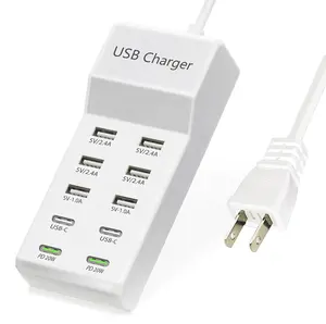 Adaptor catu daya Cepat isi daya, 50W Multi 10 port 4 port USB-C dan 6 port, stasiun pengisian daya dinding USB