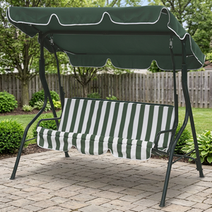 Dondolo da Giardino Tradizionale a 3 Posti con Tettuccio Parasole, Tessuto a Righe Verde + Bianco, Cuscini Non Impermeabili - Collezione Est - Product Image 2