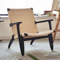 Fauteuil lounge en bois de frêne massif avec corde tressée, fauteuil moderne en corde tressée à la main pour salon et terrasse