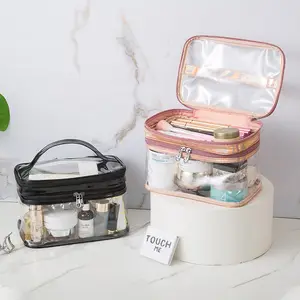 时尚透明化妆盒带2个隔层旅行防水透明磨砂聚氯乙烯化妆包2个隔层洗漱包