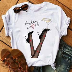 Camiseta blanca para mujer, Camiseta con estampado de copa de vino, camiseta Harajuku con estampado informal para mujer, camiseta gráfica de manga corta de talla grande para niña - Product Image 1