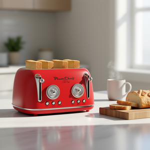 PlumChef Grille-pain rétro 4 tranches en acier inoxydable, double commande, 6 niveaux de dorure, fonction décongélation pour bagels, rouge - Product Image 2