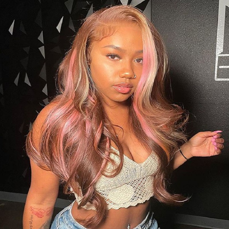 Rosa balayage en marrón pelucas de cabello de la onda del cuerpo