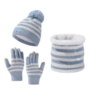Custom Cartoon Car Label Stripes Jacquard Knitted Beanie Hat Scarf Gloves Sets Kids Children Loop Cotton Warm Winter Neckwarmer