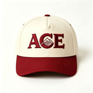 Two Tone Cream Burgundy 5-Panel Baseball <b>Cap</b> ACE <b>Mountain</b> Embroidery Canvas Structured Baseball Hat Adjustable Unisex Casual <b>Cap</b> - Product Image 5