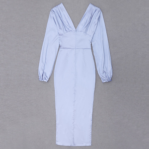 <span class=keywords><strong>Abito</strong></span> <span class=keywords><strong>lungo</strong></span> da donna in <span class=keywords><strong>raso</strong></span> con scollo a V a maniche lunghe blu chiaro - Product Image 6