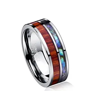 Best-seller 8MM carbure de tungstène bagues de fiançailles bois Abalone coquille en acier inoxydable anneaux hommes bague