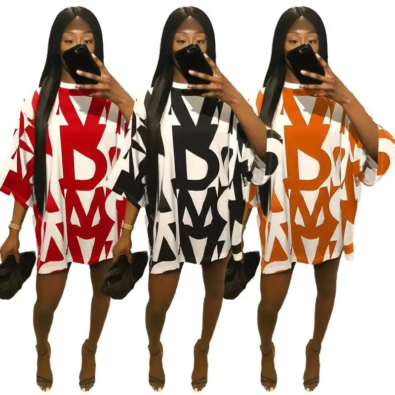 ملابس قصيرة الأكمام مطبوع عليها حروف فساتين صيفية فضفاضة للسيدات فستان قصير غير رسمي 2021