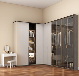 Armadio ad <span class=keywords><strong>angolo</strong></span> a forma di <span class=keywords><strong>L</strong></span>: porte in materiale misto, scaffalature aperte retroilluminate, nicchia di vanità integrata, moderna conservazione funzionale - Product Image 1