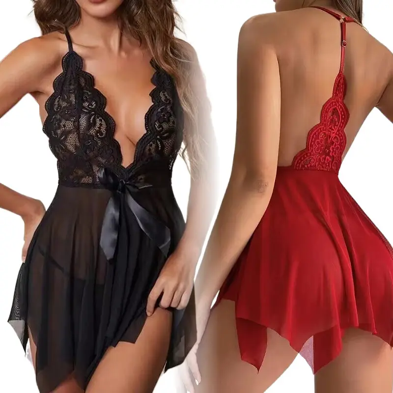 Vêtements de nuit à col en V profond, chemises de nuit sexy une pièce, robe en maille de dentelle