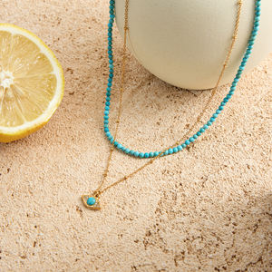 J & D Vintage turquesa collar de cuentas 18K chapado en oro de acero inoxidable clásico de doble capa turquesa cuenta mal de ojo collar - Product Image 2