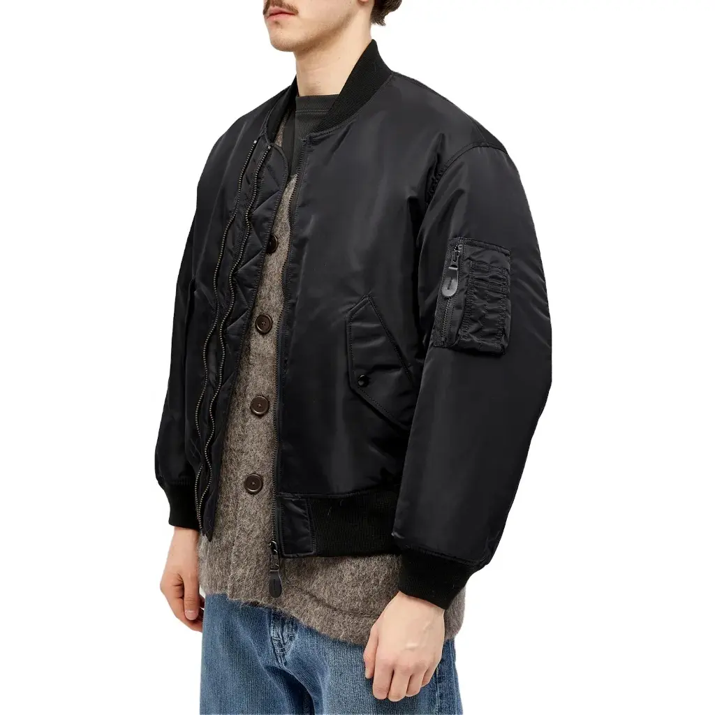Yeni tasarım stil yüksek kalite kış ceket özel Mens siyah naylon bombacı ceket