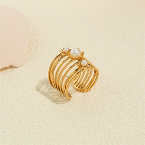 Dainty Cuff Hollow Unique Engagement Finger <b>Rings</b> 18k Gold Plated Stainless Steel Adjustable Gold <b>Chunky</b> Pearl <b>Rings</b> - Product Image 3