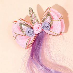 2 Piezas de Lindas Pinzas para el Cabello con Diseño de Unicornio para Niñas, Lazo Rosa, Cuerno Dorado, Cabello Sintético Rizado en Degradado, Accesorios para el Cabello para Fiestas - Product Image 4