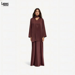 Modest Satin Abaya Set Muslim Women V Neck Blouse &amp; Wide Leg Skirt Islamic Formal Outfit Modest <strong>Party</strong> Evening <strong>Dress</strong> - Product Image 1