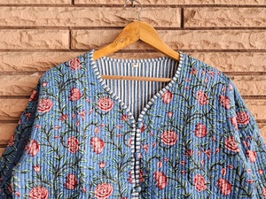 High Custom Hand Block Printed Blue Floral Quilted Cotton Coat Lightweight Quilted Ethnic with Button Front for Women Stylish - Product Image 5