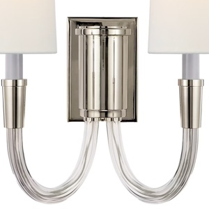 Applique murale double à 2 lumières en nickel poli, bras en verre courbé en U, abat-jour en lin, pour miroir de salle de bain, homologuée - Product Image 3
