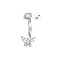 Vente en gros de anneaux de nombril en titane G23 plaqué or 18 carats avec zircon, motif papillon et fleur, bijoux de corps pour mariage, unisexe