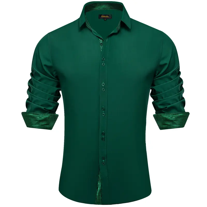 New Dress Shirt For Men Solid Sea Green Splicing Silk Long Sleeve Shirt Business Formal Slim Fit Social Shirts Male Clothes