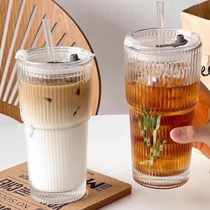 Tasse à thé <span class=keywords><strong>Pyrex</strong></span> rayée avec couvercle et cuillère, tasse à lait, à café, à thé à bulles pour la maison et le bureau - Product Image 4