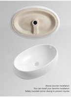 Lavabo ovale moderne à poser sur comptoir en céramique et surface solide avec égouttoir, capacité 9L, facile à nettoyer