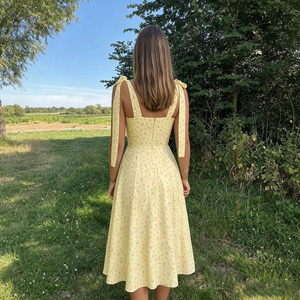 Yellow Floral Print Breathable <b>High</b> <b>Waist</b> Midi <b>Dress</b> Bow Strap Sleeveless Deep V Neck A-Line Casual Summer Party Beach Vacation - Product Image 2