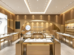 Diseño Interior de Joyería de Lujo Moderno, Proyecto de Tienda Minorista con Acabados en Dorado Champán, Vidrio y Mármol, Vitrinas de Exhibición - Product Image 3