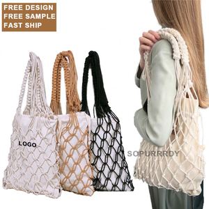 Sac en filet de coton personnalisé avec logo, sac de plage d'été, sac de courses en macramé, sac de plage en crochet beige, sac de marché réutilisable avec pochette intérieure - Product Image 1