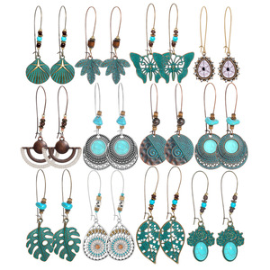 Bohemian Alloy <b>Drop</b> Earrings With Turquoise Inlay Plant Pattern For Women Fashion Jewelry - Product Image 1