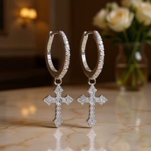 Orecchini a cerchio in argento 925 Aynsley con pendente a croce con diamanti per donna, gioielli religiosi, stile cerimonia cristiana - Product Image 2