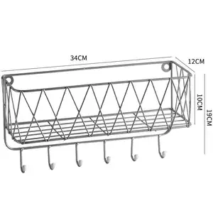 Wall mounted organizer basket with hooks for bathroom living room kitchen