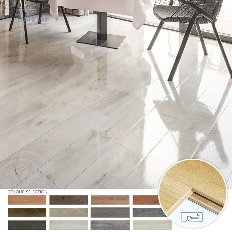 European residence high gloss white oak laminate flooring 8mm V-Groove timber floors white high gloss glitter laminate flooring