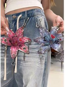Porte-clés Y2K Phalaenopsis avec pendentif à pompon, chaîne de perles faite à la main, fleur d'orchidée unique, porte-clés tendance - Product Image 3