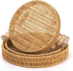 Natural Hand Rattan Serving Tray Round Woven Serving <b>Basket</b> with Handles for Coffee <b>Table</b> Decor, Bread - Product Image 1