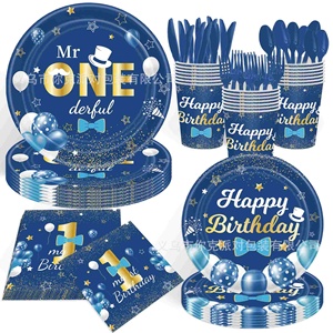 Ensemble de vaisselle jetable en papier bleu or pour fête d'<span class=keywords><strong>anniversaire</strong></span> d'un <span class=keywords><strong>an</strong></span>, thème <span class=keywords><strong>anniversaire</strong></span>, pour garçons - Product Image 1