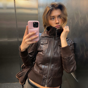 Veste en similicuir style streetwear américain pour femme, avec fermeture éclair, poches utilitaires, effet amincissant à la taille, style vintage - Product Image 2