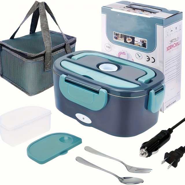Portable Electric Lunch Box Car Double Stainless Steel Liner Home Insulation Heating Box with Cutlery and Insulation Bag