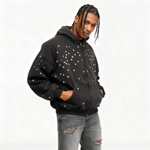 TKAN380 OEM Custom Streetwear Cropped Men Regular Fit Hoodie 100% Cotton French Terry Embroidered <b>Rhinestone</b> Zipper <b>Jacket</b> - Product Image 2