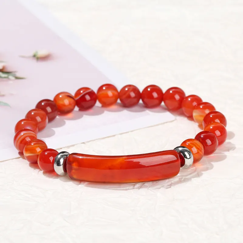 Gelang Manik-manik Batu Energi Kristal Quartz Mawar Alami, Gelang Peregangan Merah Muda Kuarsa Persegi Panjang Bar