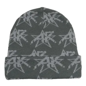 New arrival popular dark grey beanie 100% acrylic winter headwear folded caps full jacquard mens beanie hats custom logo