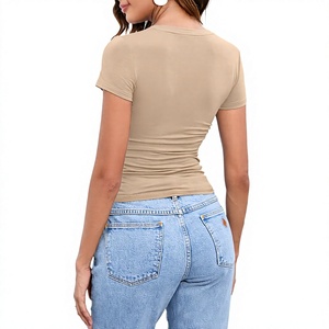Camiseta Corta de Manga Corta con Cuello en V para Mujer, Color Sólido, Corte Ajustado, Informal, de Algodón y Elastano, Transpirable, para Primavera y Verano - Product Image 6