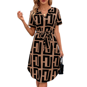 Robe midi à manches courtes en polyester à carreaux, style européen et américain, élégante, <span class=keywords><strong>mature</strong></span>, <span class=keywords><strong>vintage</strong></span>, antistatique, à lacets, ODM - Product Image 5