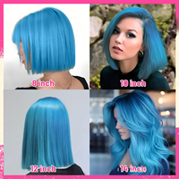 Wig Bob Lace Front 13X4 Biru Rambut Asli Manusia, Penutup Kepala Depan, Di-perm & Diwarnai, Panjang 8-14 Inch