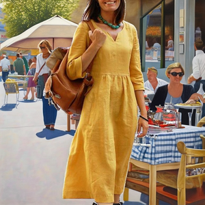 Vestido Midi de Algodón y Lino Tejido Estampado, Casual, Otoñal, Talla Grande, Lavable y Ecológico, para Mujer, 5XL - Product Image 2