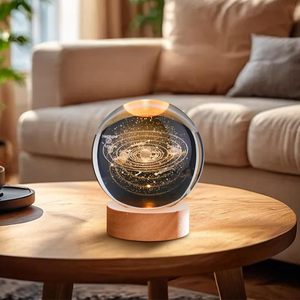 <b>3D</b> <b>Crystal</b> <b>Ball</b> 80mm Laser Engraved <b>Solar</b> <b>System</b> Model with Wooden Base Night Light Astronomy Decor & Space Gifts - Product Image 4