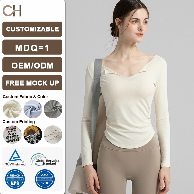Long Sleeve Crop Tops for Women Big V-Neck Solid Workout Yoga Cropped T-Shirt Top Yoga Tops for Women
