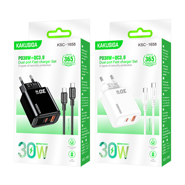 KAKUSIGA Factory Sale PD30W+QC3.0 Private Model Fast Charger Set EU Wall Charger With Type-C to Type-C Cable